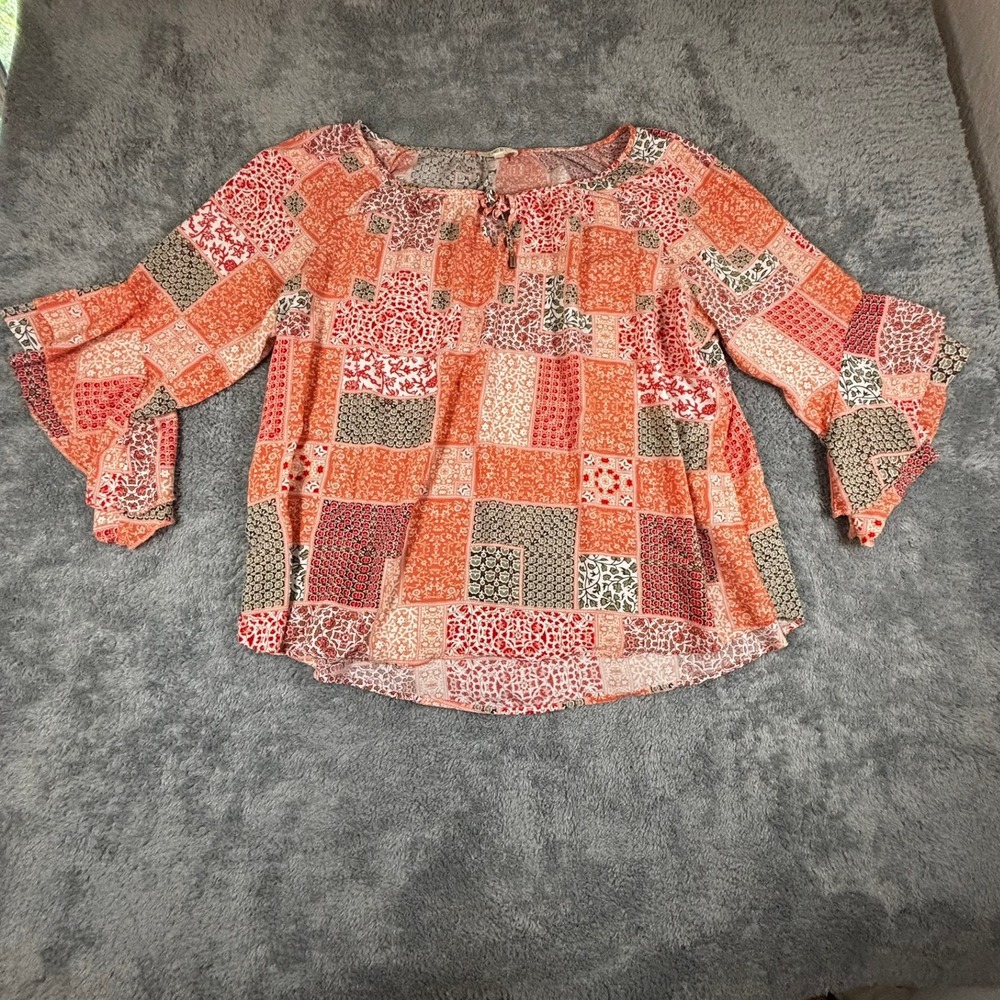 Como Blu Women 3X Patchwork Peasant Top Orange Red Bell Sleeve Z2U092WSTK